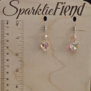 Pink iridescent glass crystal heart earrings
